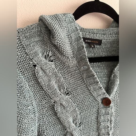 Y2K BCBGMaxazaria Knit Cardigan Hooded Blue Sweater Wood Buttons Size Large - Picture 4 of 8